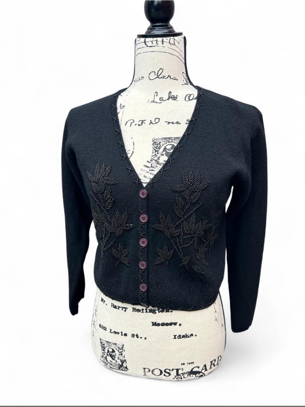Vintage Karen Kane Black Beaded Merino Wool Cardigan Sweater